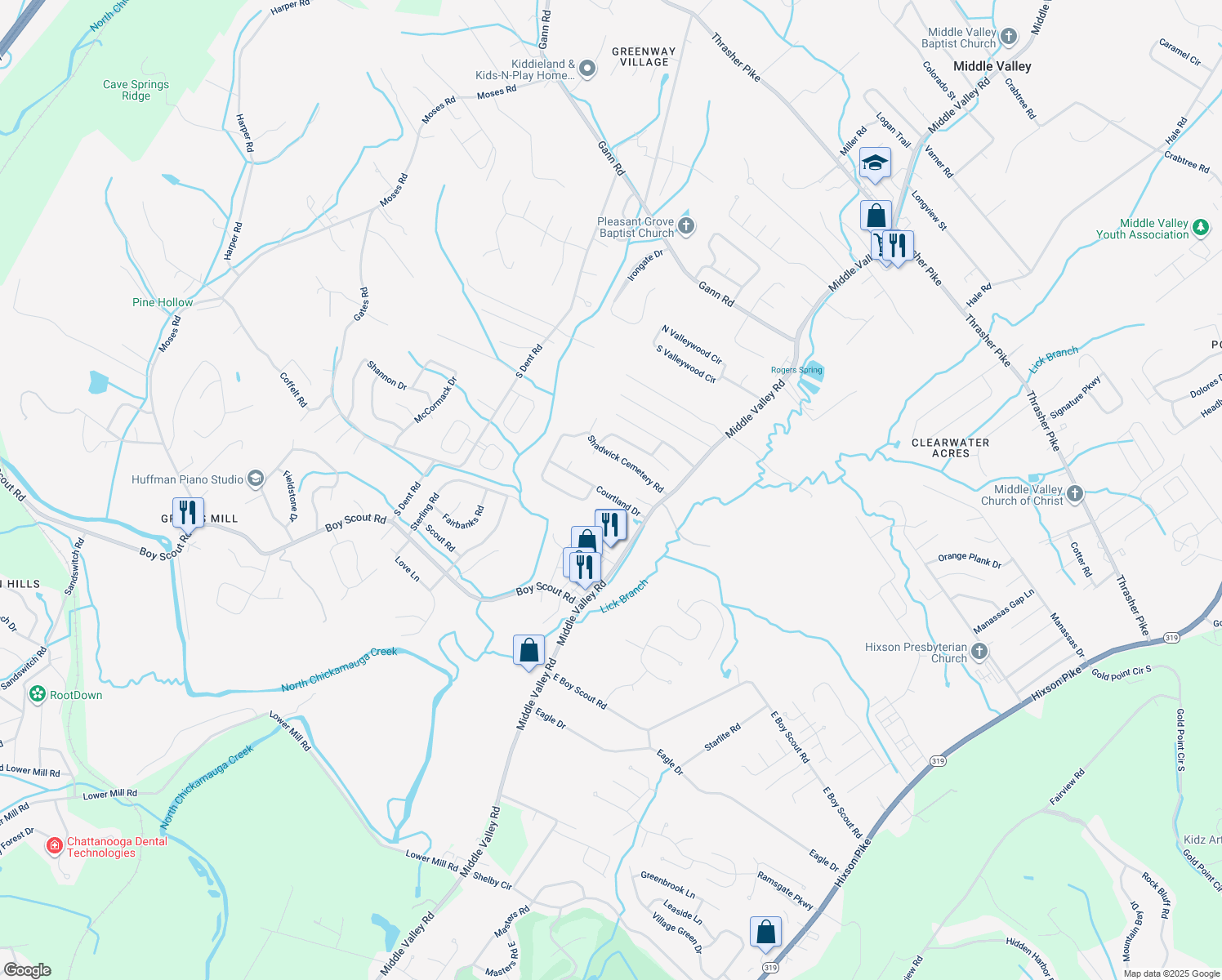 map of restaurants, bars, coffee shops, grocery stores, and more near 1525 Courtland Dr in Middle Valley
