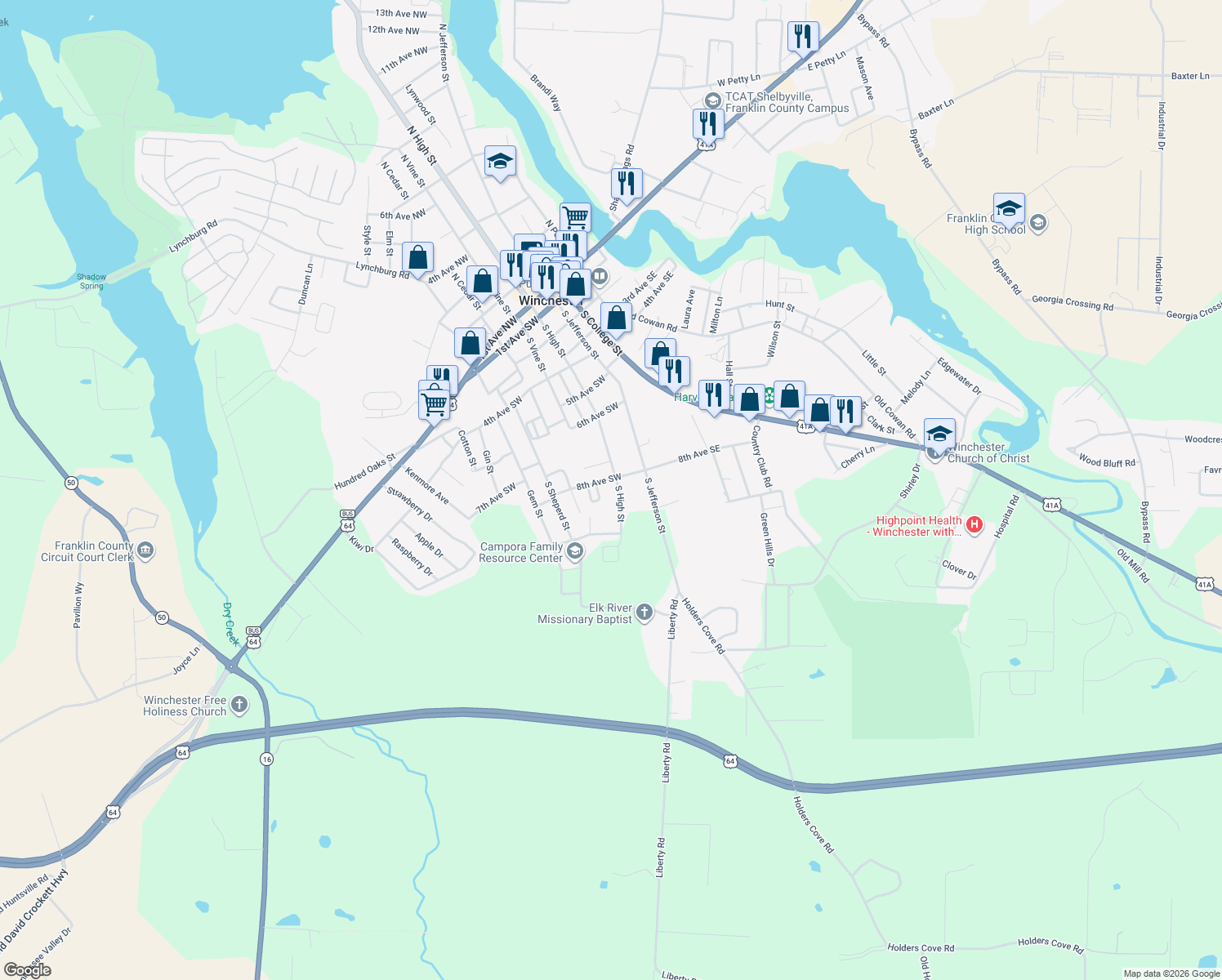 map of restaurants, bars, coffee shops, grocery stores, and more near 806 S High St in Winchester