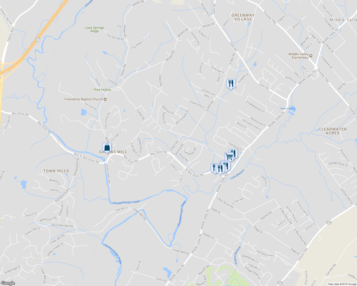 map of restaurants, bars, coffee shops, grocery stores, and more near 7012 South Dent Road in Middle Valley