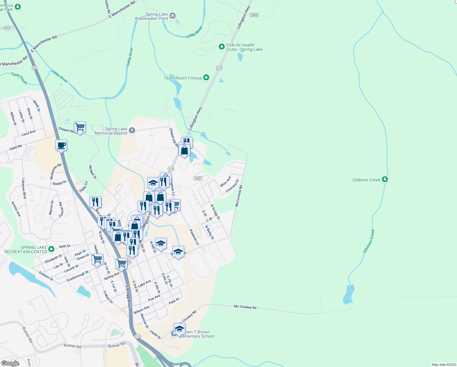 map of restaurants, bars, coffee shops, grocery stores, and more near 1610 Bliss Ave in Spring Lake