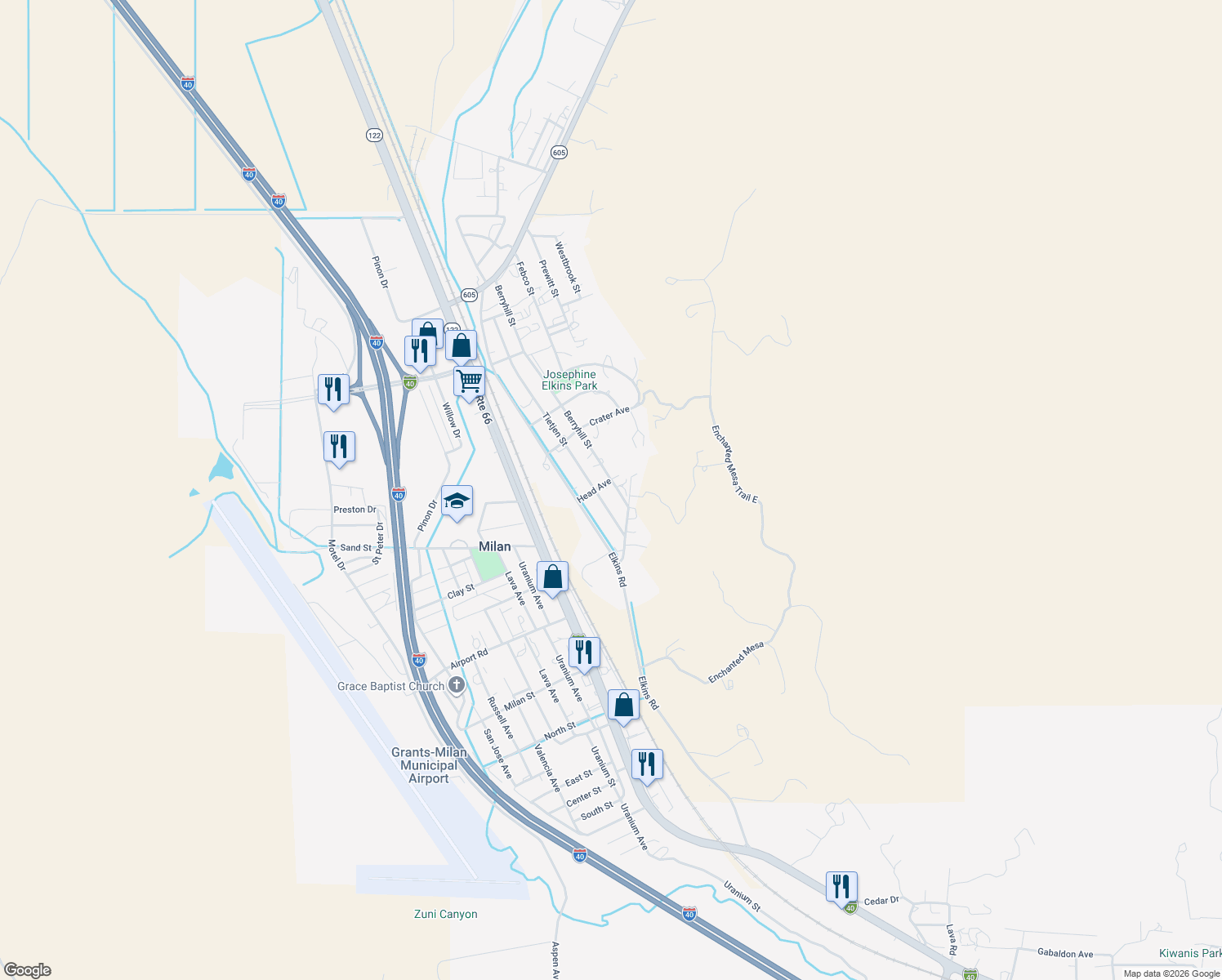 map of restaurants, bars, coffee shops, grocery stores, and more near 1309 Berryhill Street in Grants