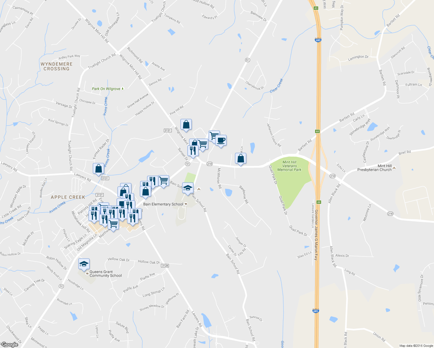 map of restaurants, bars, coffee shops, grocery stores, and more near 7731 McWhirter Road in Mint Hill