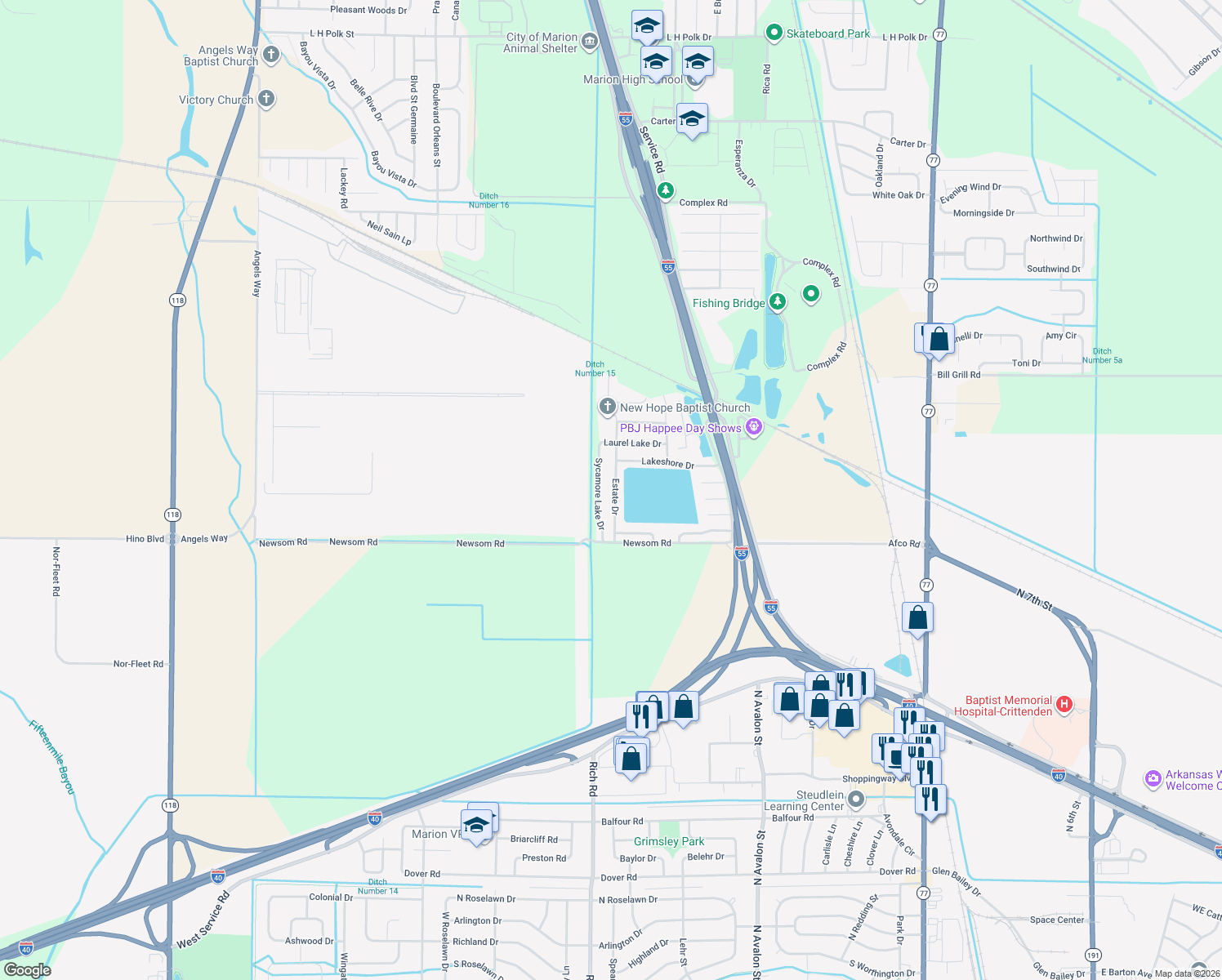 map of restaurants, bars, coffee shops, grocery stores, and more near 175 Estate Drive in Marion