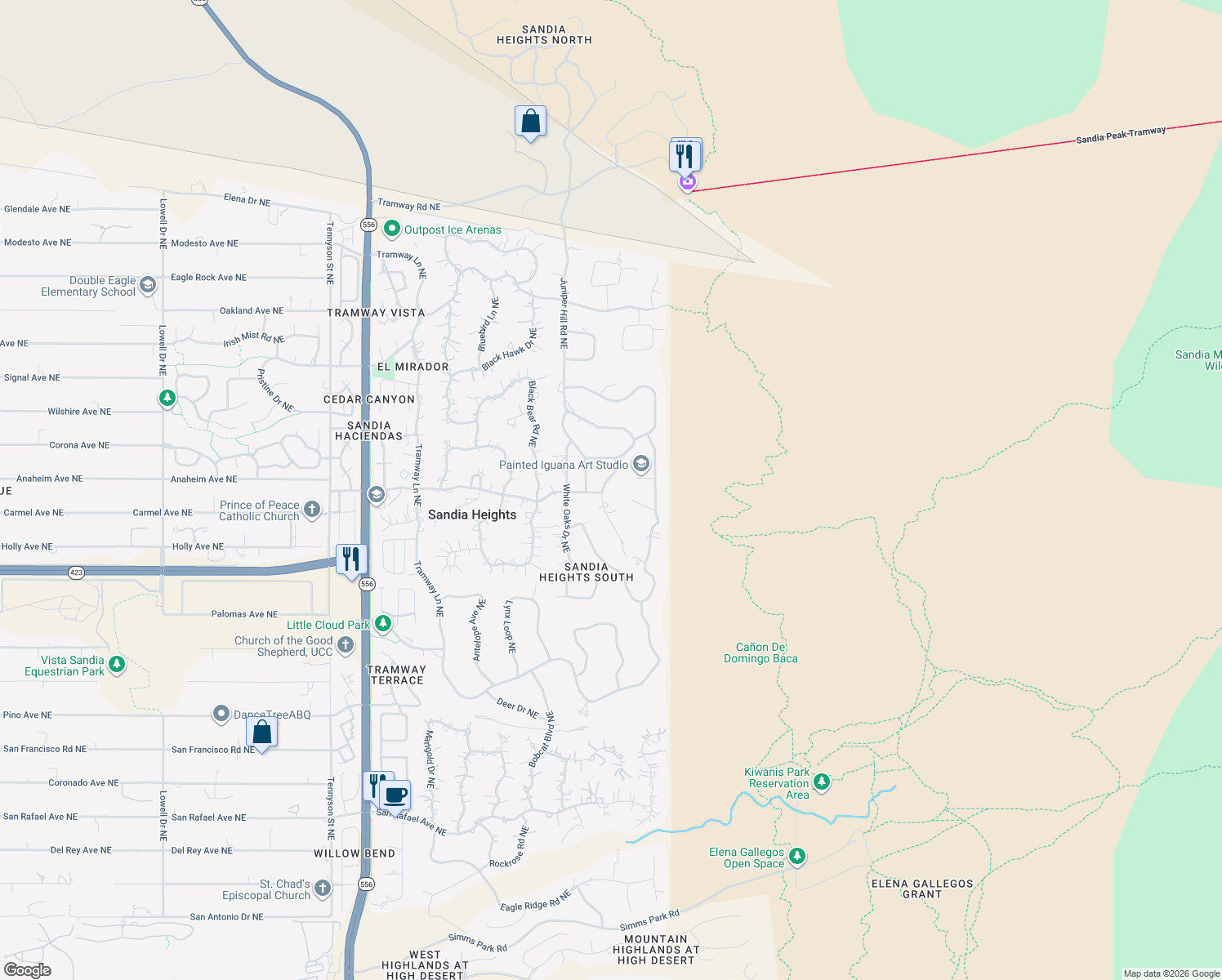 map of restaurants, bars, coffee shops, grocery stores, and more near 303 Juniper Hill Road Northeast in Albuquerque