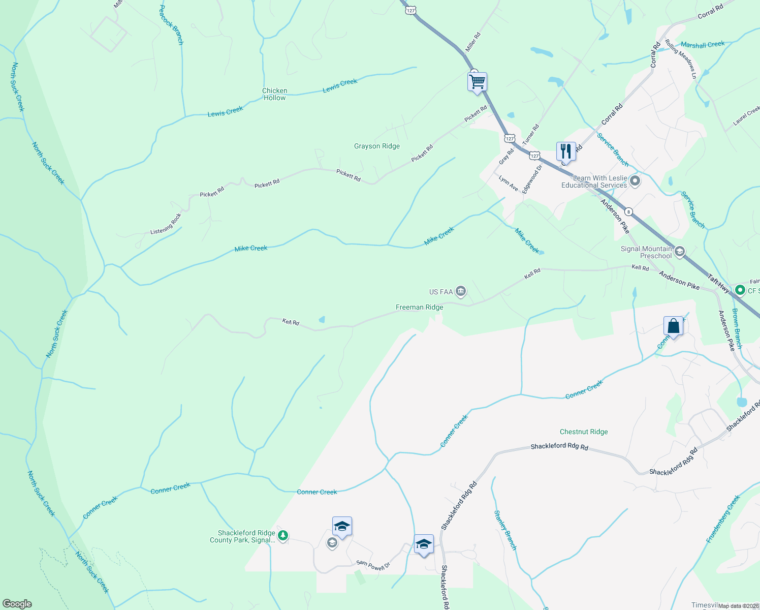 map of restaurants, bars, coffee shops, grocery stores, and more near 104 Kell Rd in Signal Mountain