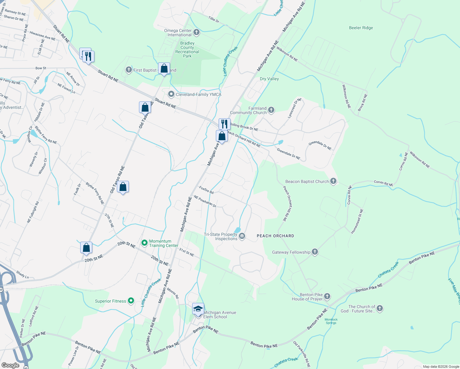 map of restaurants, bars, coffee shops, grocery stores, and more near 218 Mill Creek Trail Northeast in Cleveland