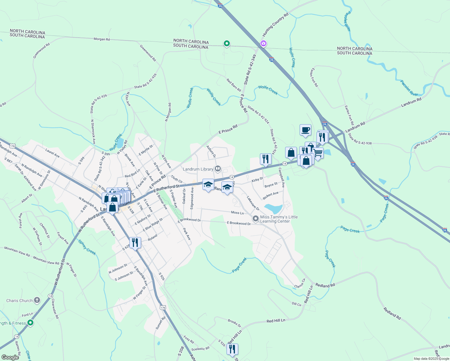 map of restaurants, bars, coffee shops, grocery stores, and more near 1308 East Rutherford Street in Landrum