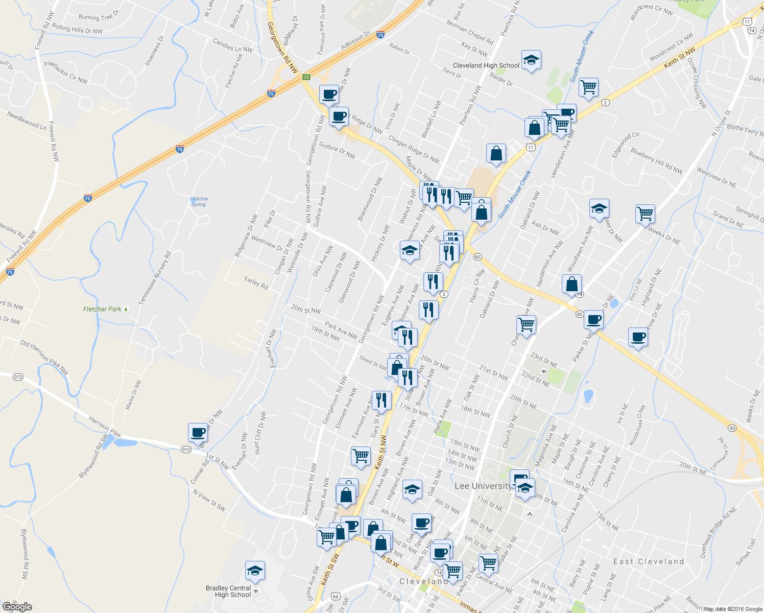 map of restaurants, bars, coffee shops, grocery stores, and more near 2020 Georgetown Road Northwest in Cleveland