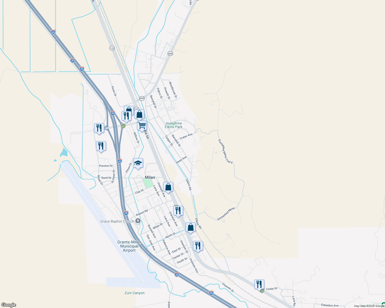 map of restaurants, bars, coffee shops, grocery stores, and more near 1309 Berryhill Street in Grants