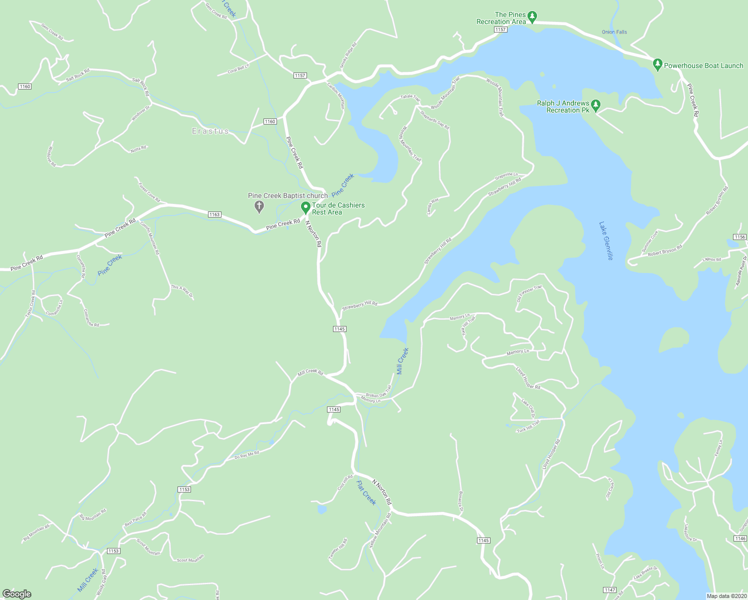 map of restaurants, bars, coffee shops, grocery stores, and more near 193 Strawberry Hill Road in Cullowhee