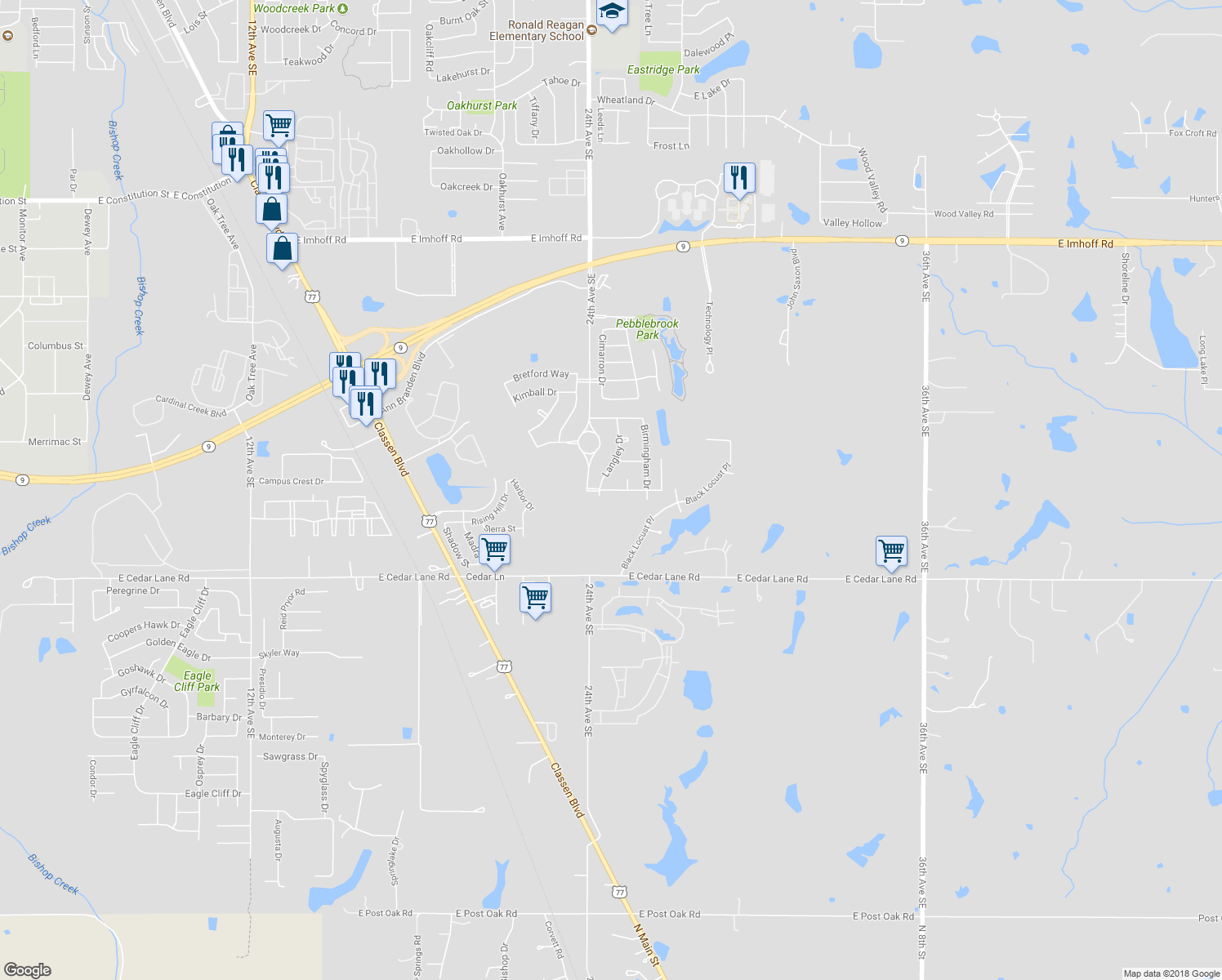 map of restaurants, bars, coffee shops, grocery stores, and more near 2520 Everton Lane in Norman