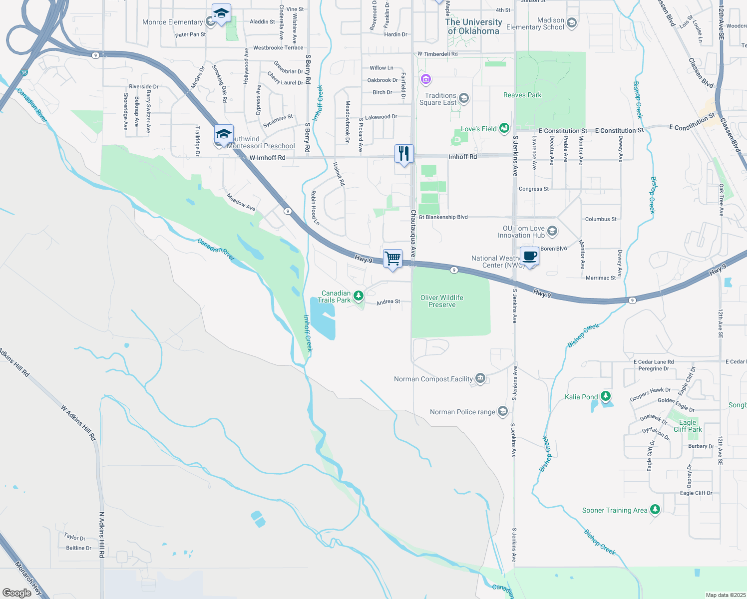 map of restaurants, bars, coffee shops, grocery stores, and more near 905 Andrea Street in Norman