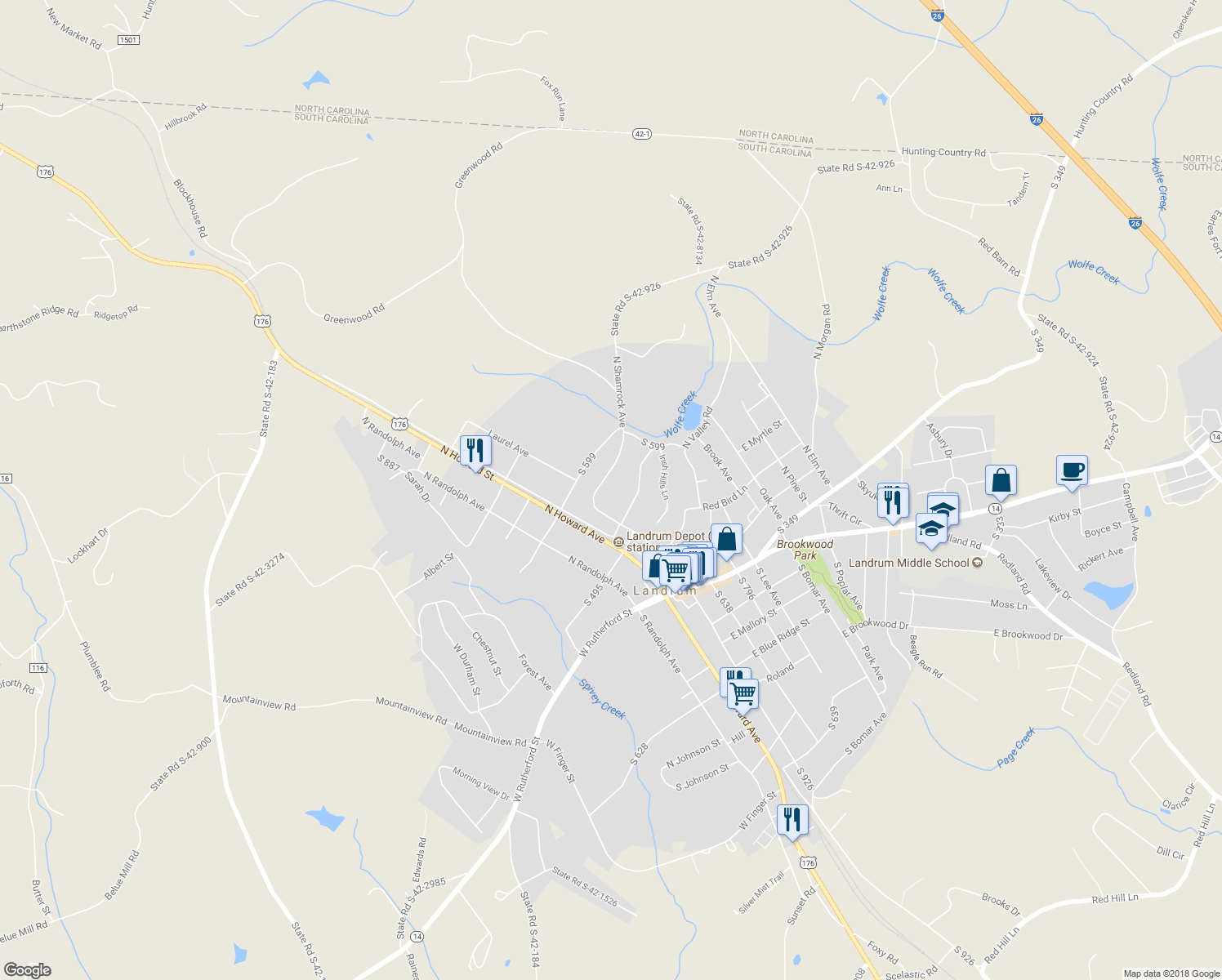 map of restaurants, bars, coffee shops, grocery stores, and more near 620 North Shamrock Avenue in Landrum