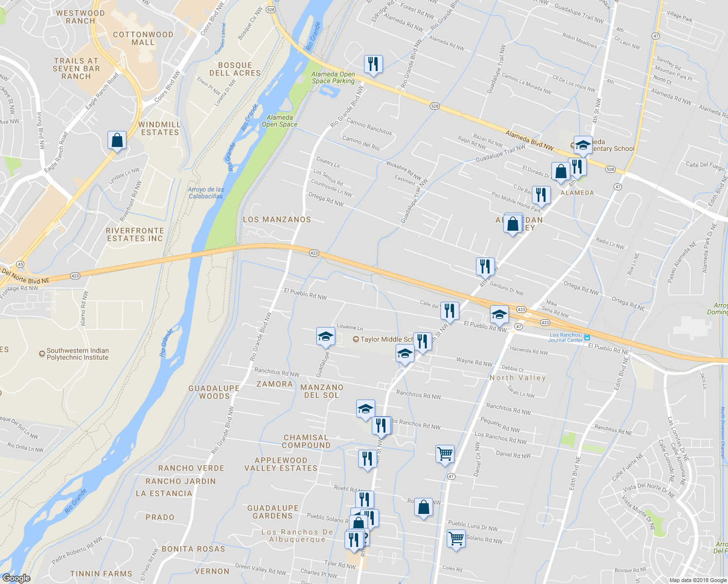 map of restaurants, bars, coffee shops, grocery stores, and more near 839 El Pueblo Road Northwest in Los Ranchos de Albuquerque