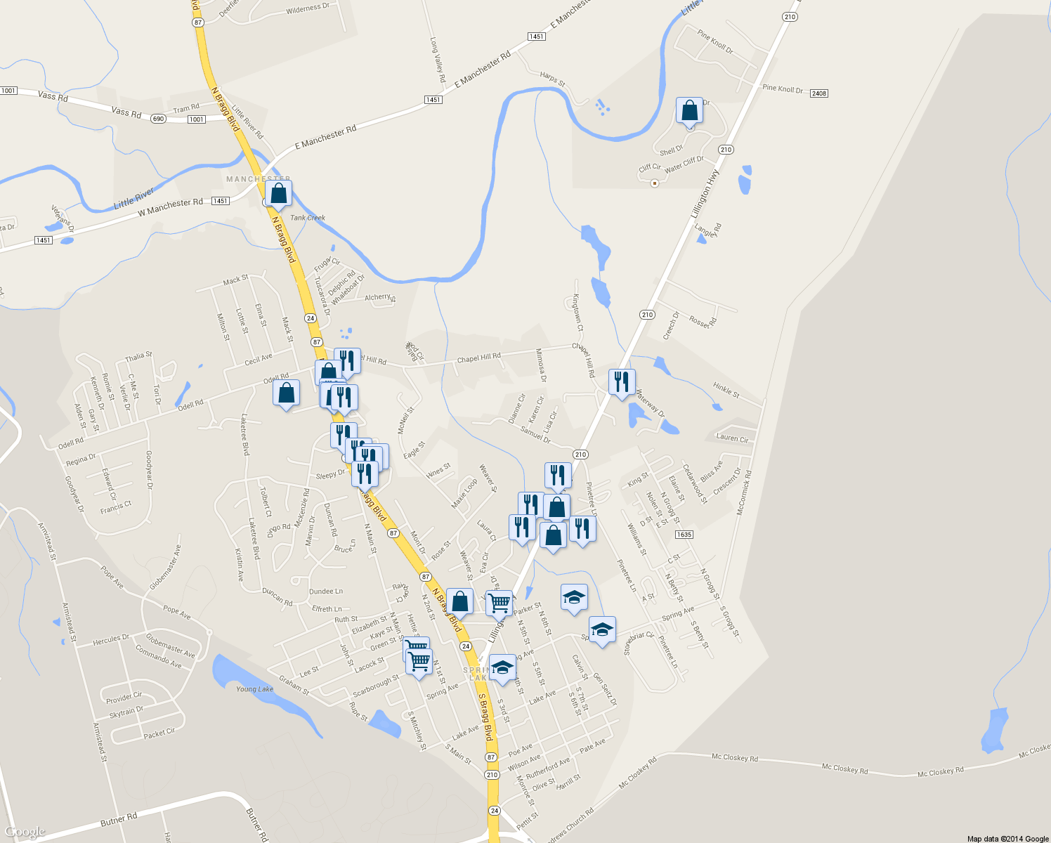 map of restaurants, bars, coffee shops, grocery stores, and more near 1003 Karen Circle in Spring Lake