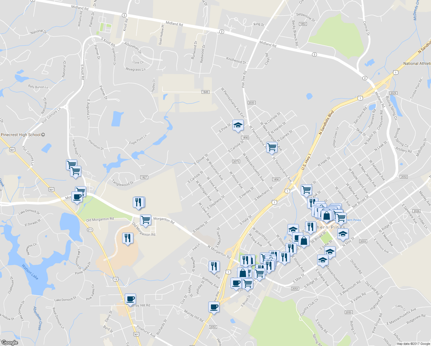 map of restaurants, bars, coffee shops, grocery stores, and more near 600 South Hardin Street in Southern Pines