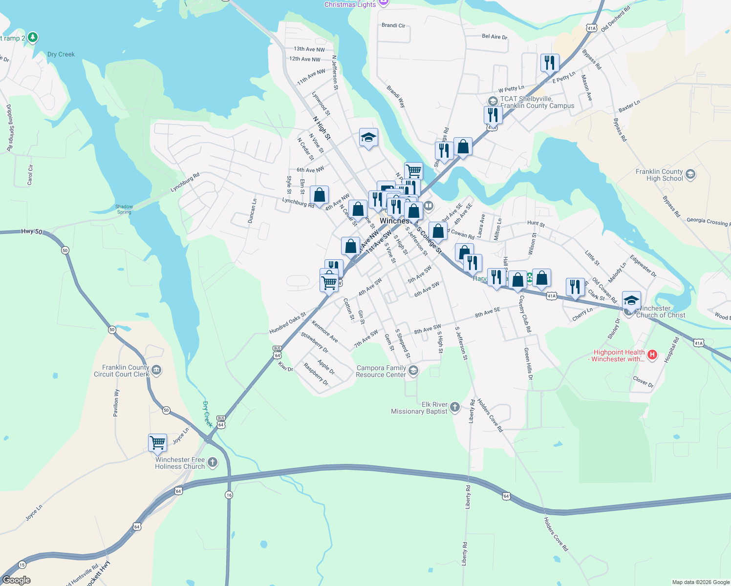 map of restaurants, bars, coffee shops, grocery stores, and more near 503 4th Avenue Southwest in Winchester