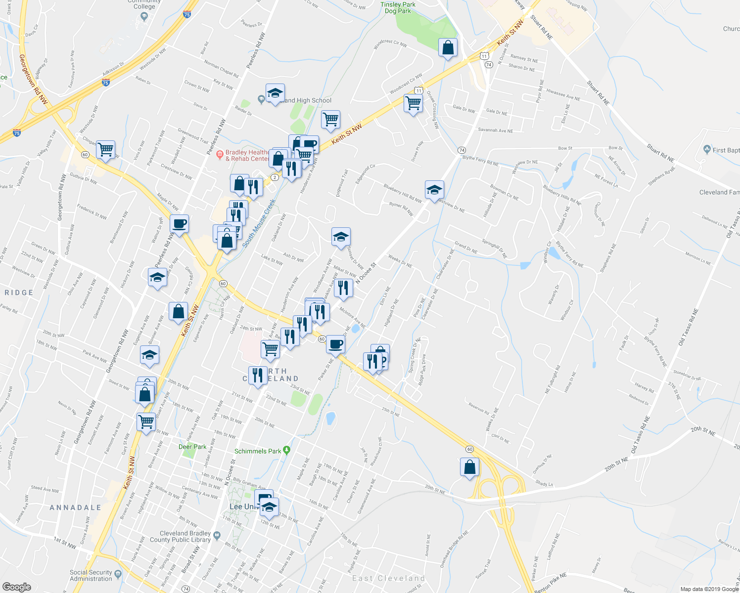 map of restaurants, bars, coffee shops, grocery stores, and more near 2904 Julian Dr NE in Cleveland