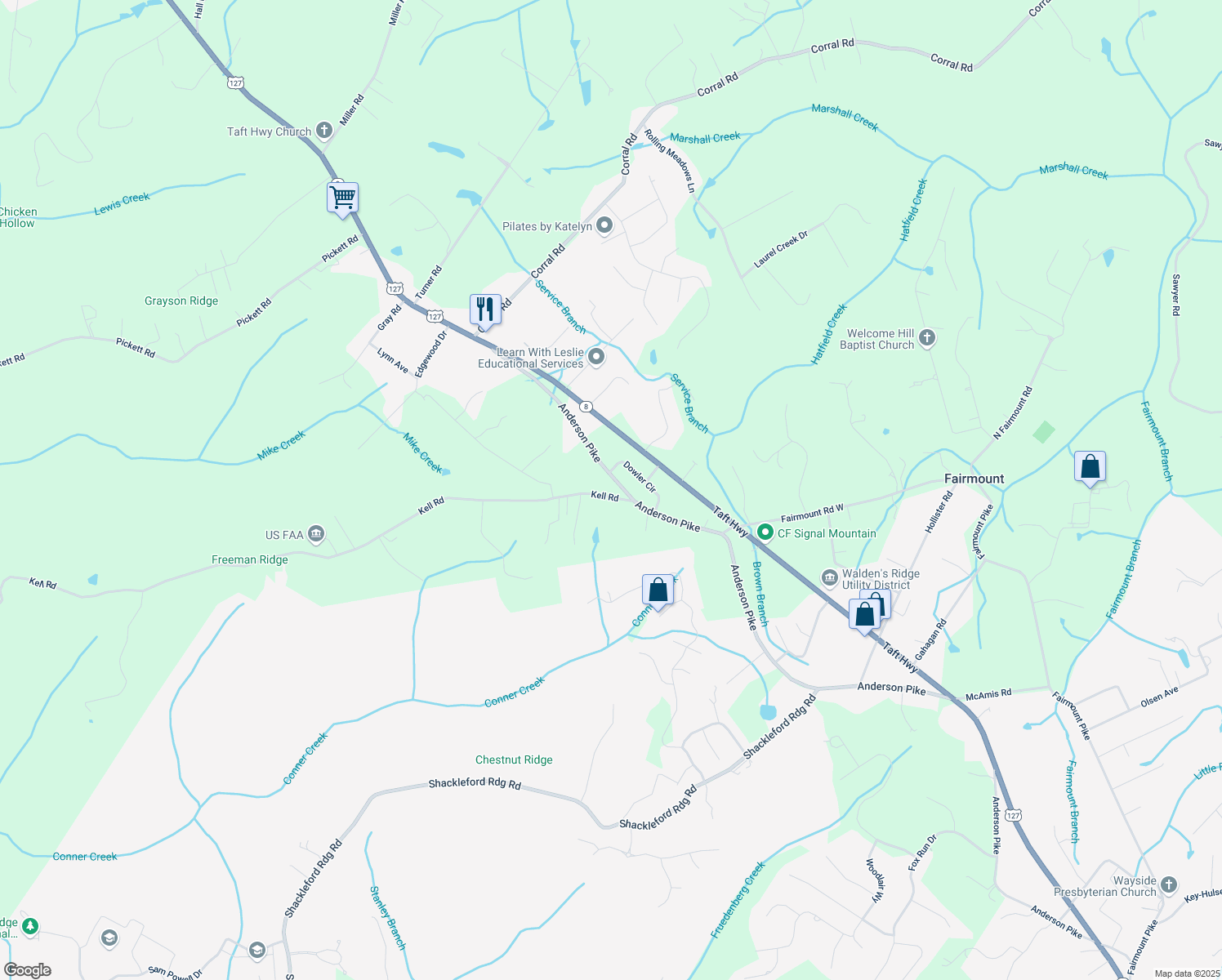 map of restaurants, bars, coffee shops, grocery stores, and more near 2513 Kell Rd in Signal Mountain