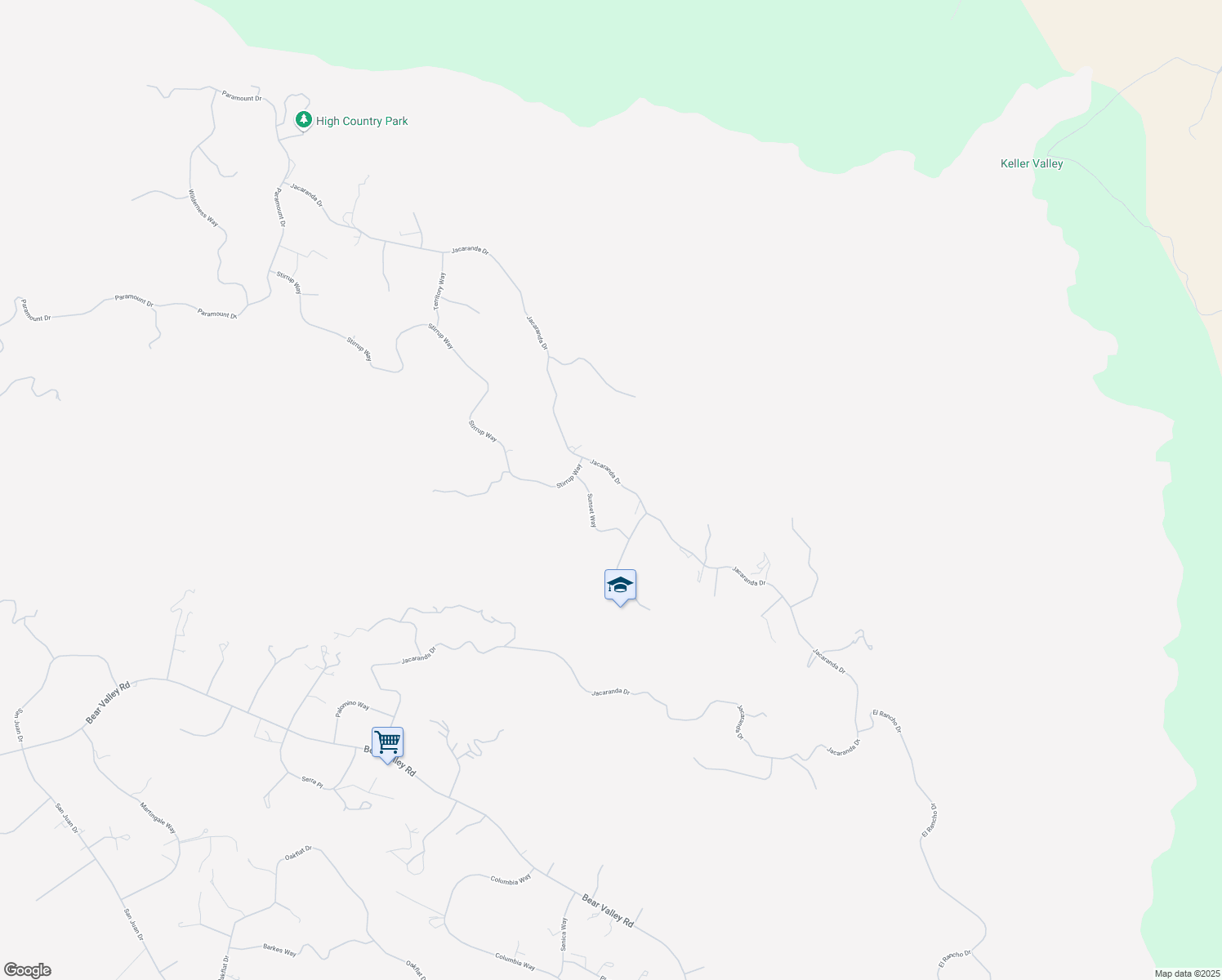 map of restaurants, bars, coffee shops, grocery stores, and more near 25041 Jacaranda Drive in Tehachapi
