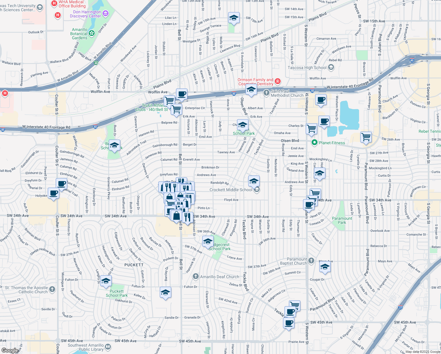 map of restaurants, bars, coffee shops, grocery stores, and more near 5307 Andrews Ave in Amarillo