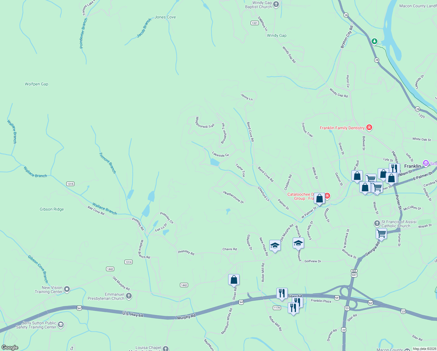 map of restaurants, bars, coffee shops, grocery stores, and more near 15 Longview Court in Franklin