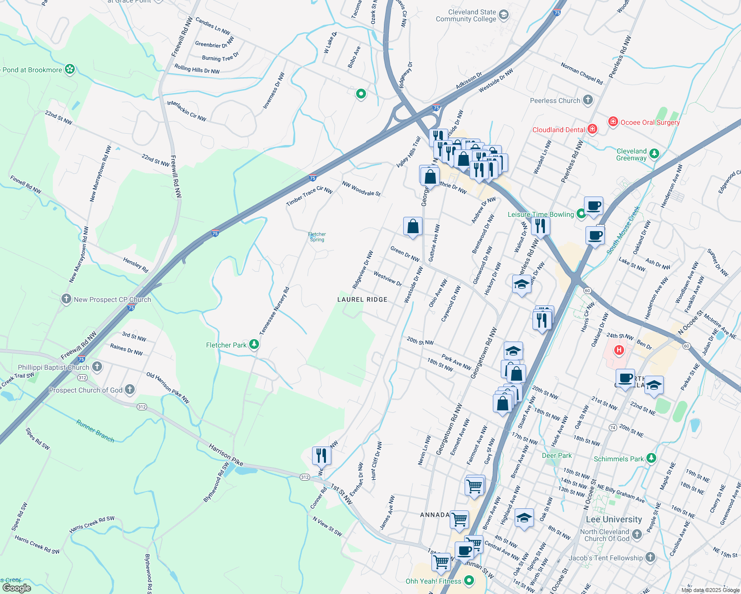 map of restaurants, bars, coffee shops, grocery stores, and more near 1855 19th St NW in Cleveland