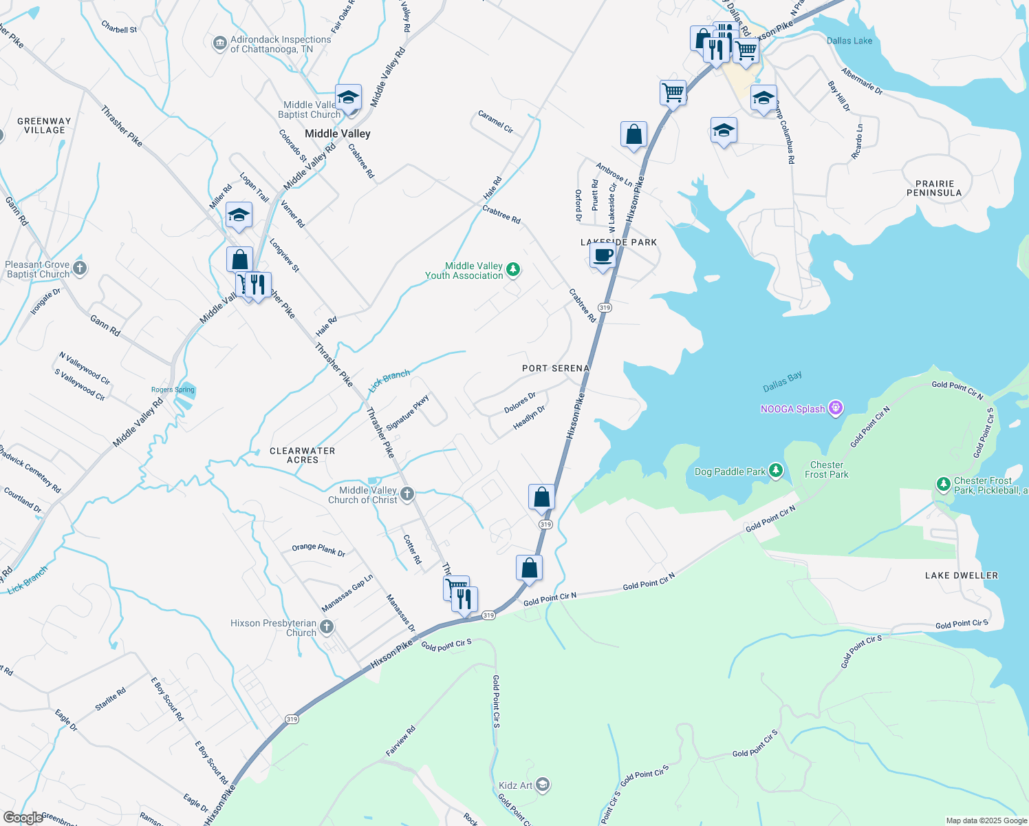 map of restaurants, bars, coffee shops, grocery stores, and more near 218 Dolores Drive in Middle Valley
