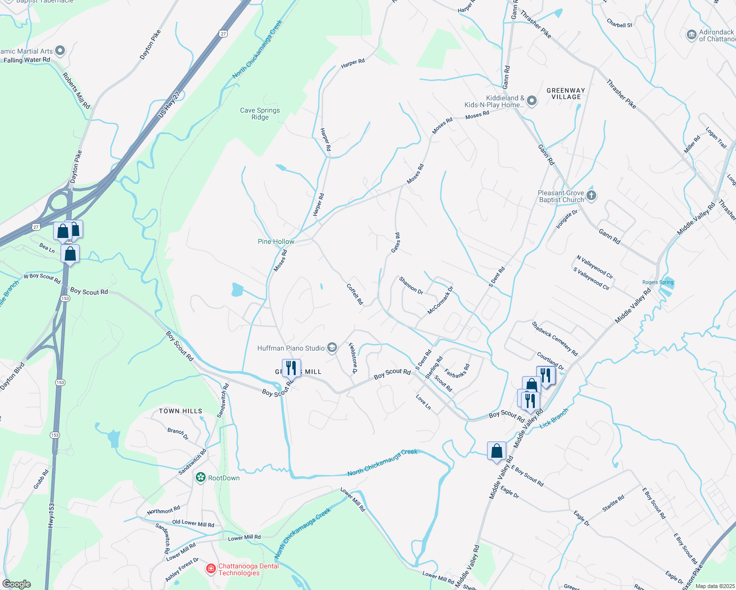 map of restaurants, bars, coffee shops, grocery stores, and more near 322 Hannah Lane in Middle Valley