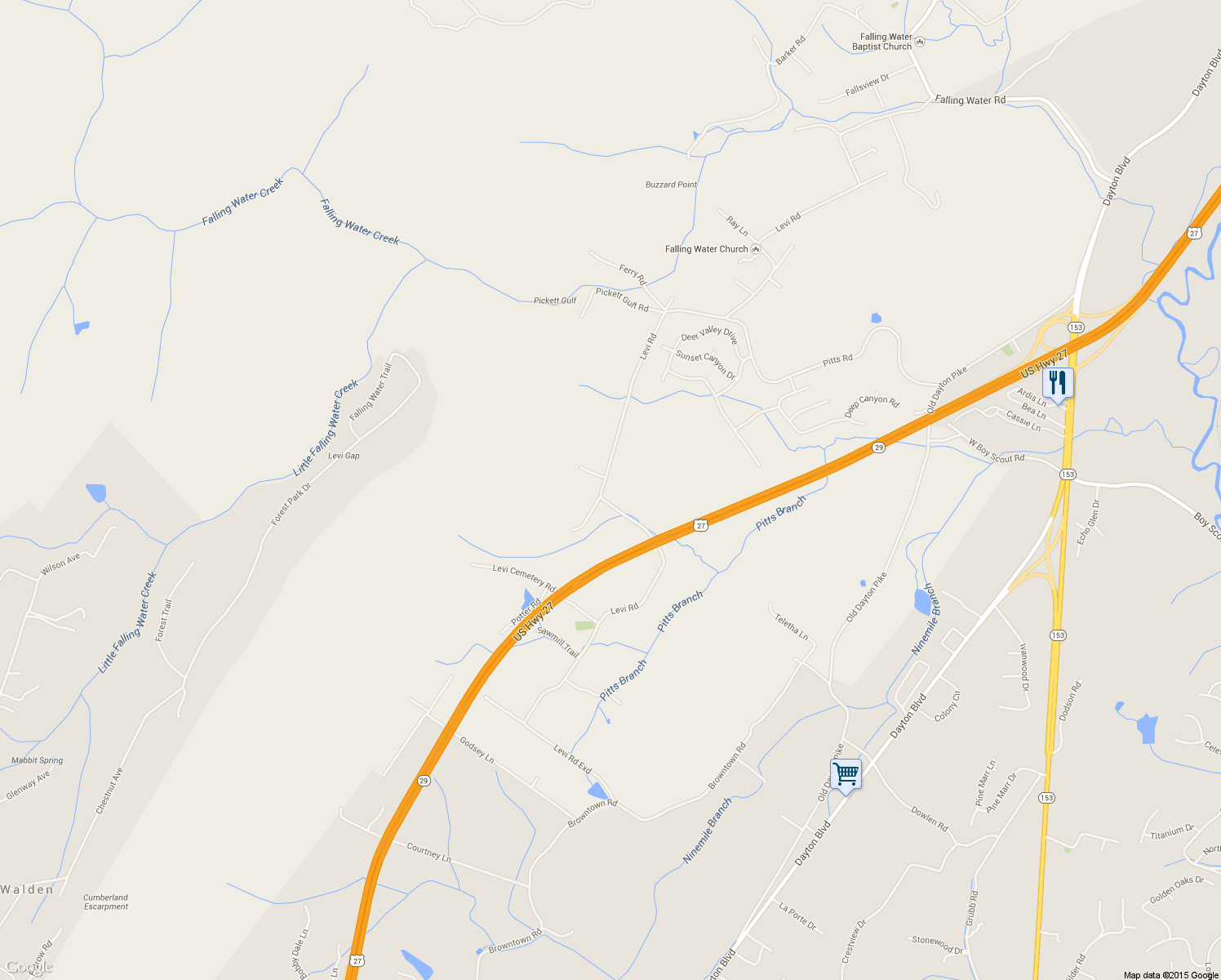 map of restaurants, bars, coffee shops, grocery stores, and more near 6304 Levi Road in Hamilton County