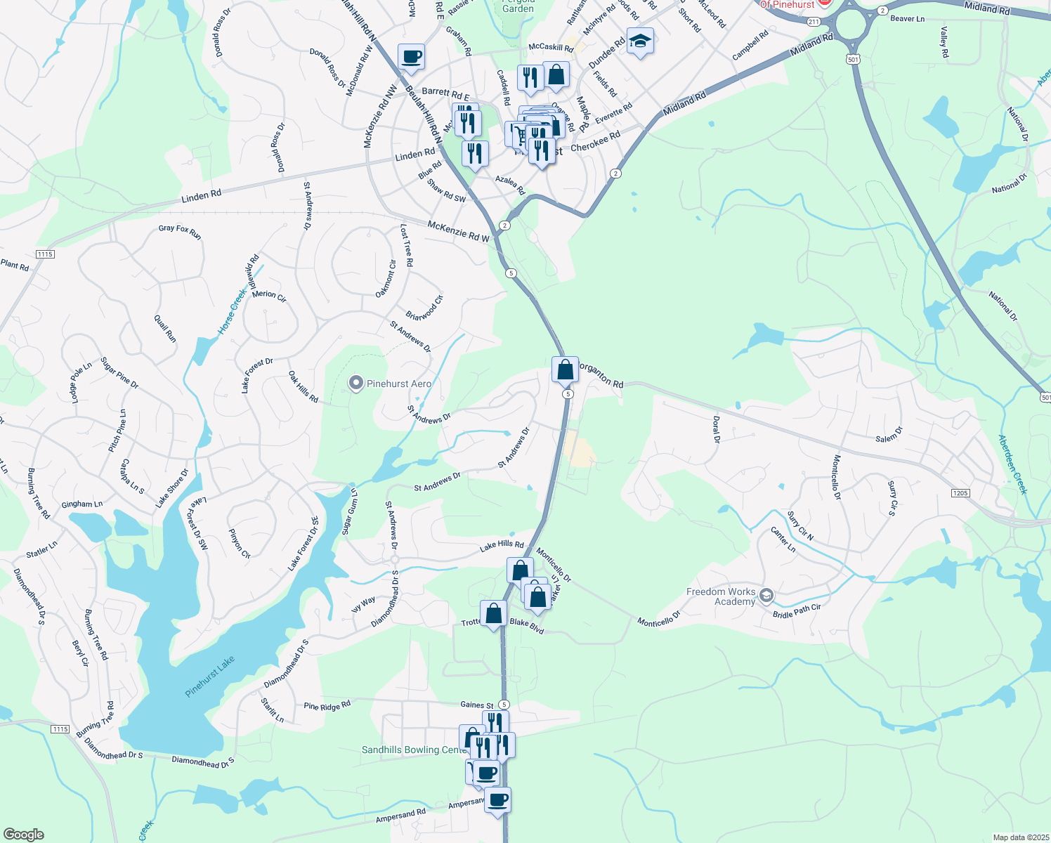 map of restaurants, bars, coffee shops, grocery stores, and more near 855 Saint Andrews Drive in Pinehurst