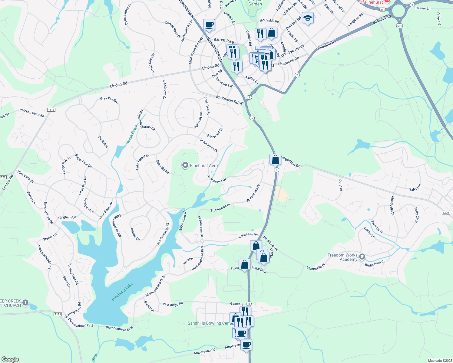 map of restaurants, bars, coffee shops, grocery stores, and more near 635 Saint Andrews Drive in Pinehurst
