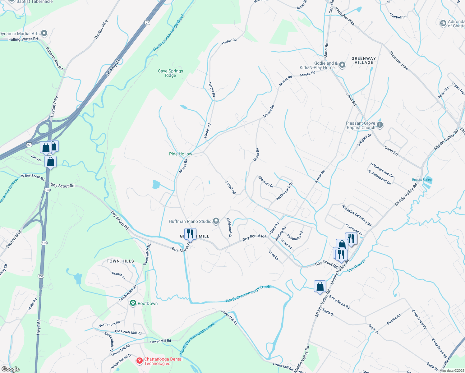 map of restaurants, bars, coffee shops, grocery stores, and more near 1309 Coffelt Road in Middle Valley