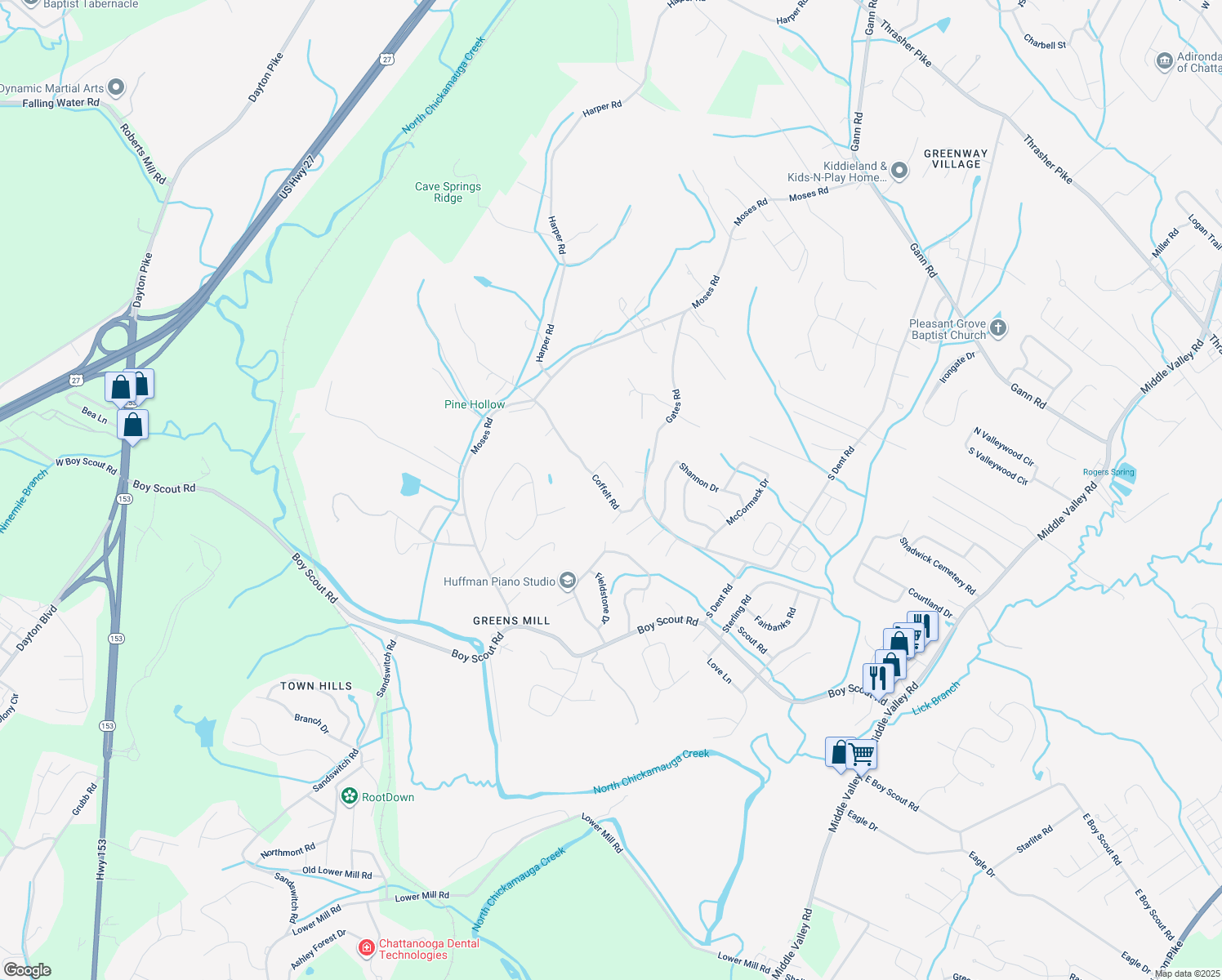map of restaurants, bars, coffee shops, grocery stores, and more near 1309 Coffelt Road in Middle Valley