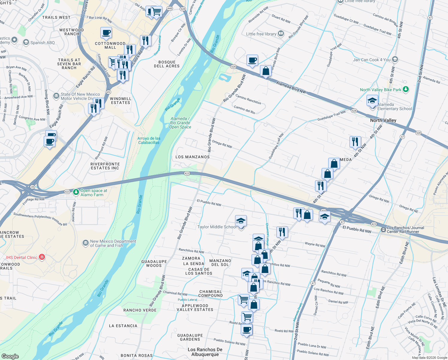 map of restaurants, bars, coffee shops, grocery stores, and more near Paseo Del Norte Boulevard Northeast in Los Ranchos de Albuquerque