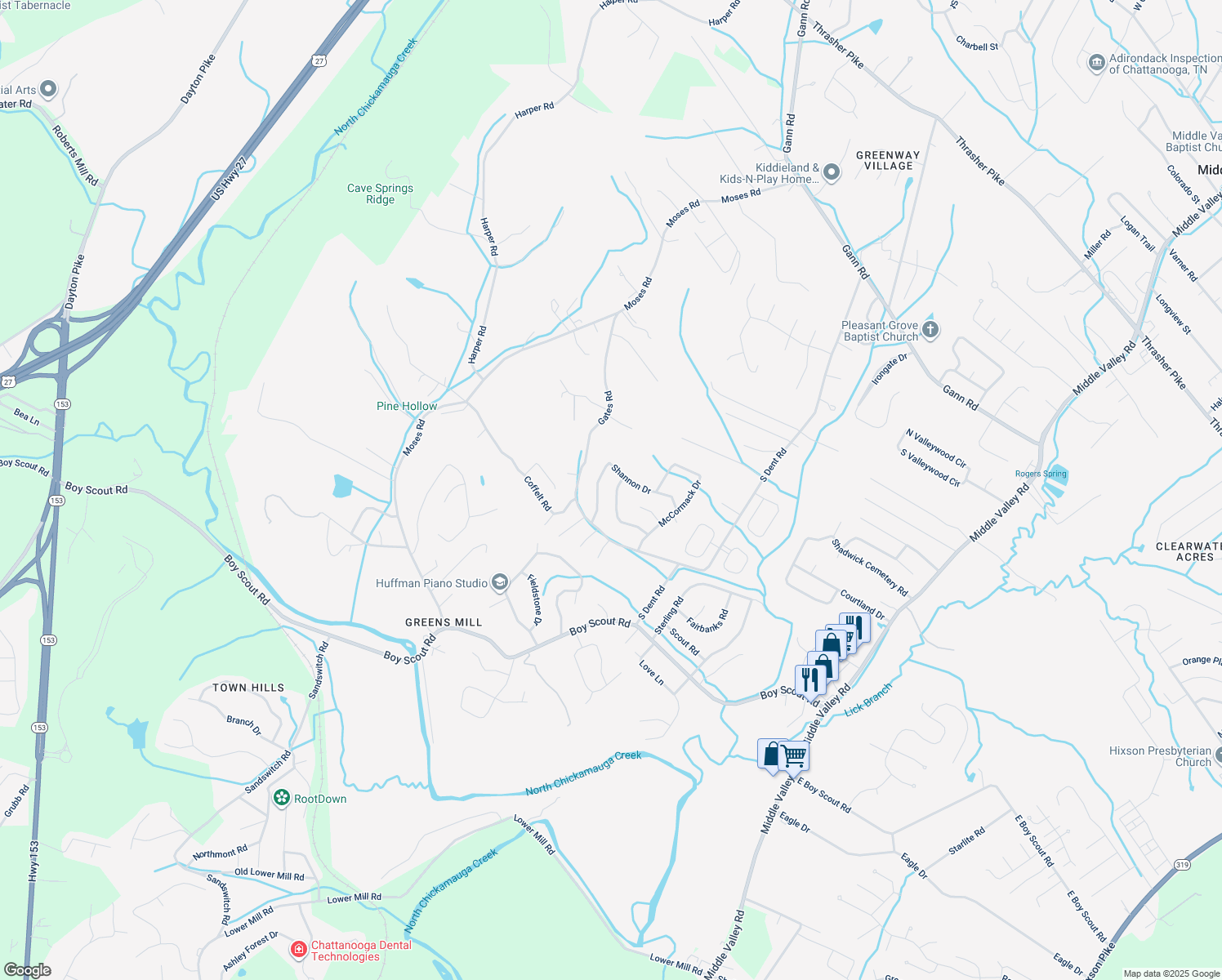 map of restaurants, bars, coffee shops, grocery stores, and more near 406 Peyton Drive in Middle Valley