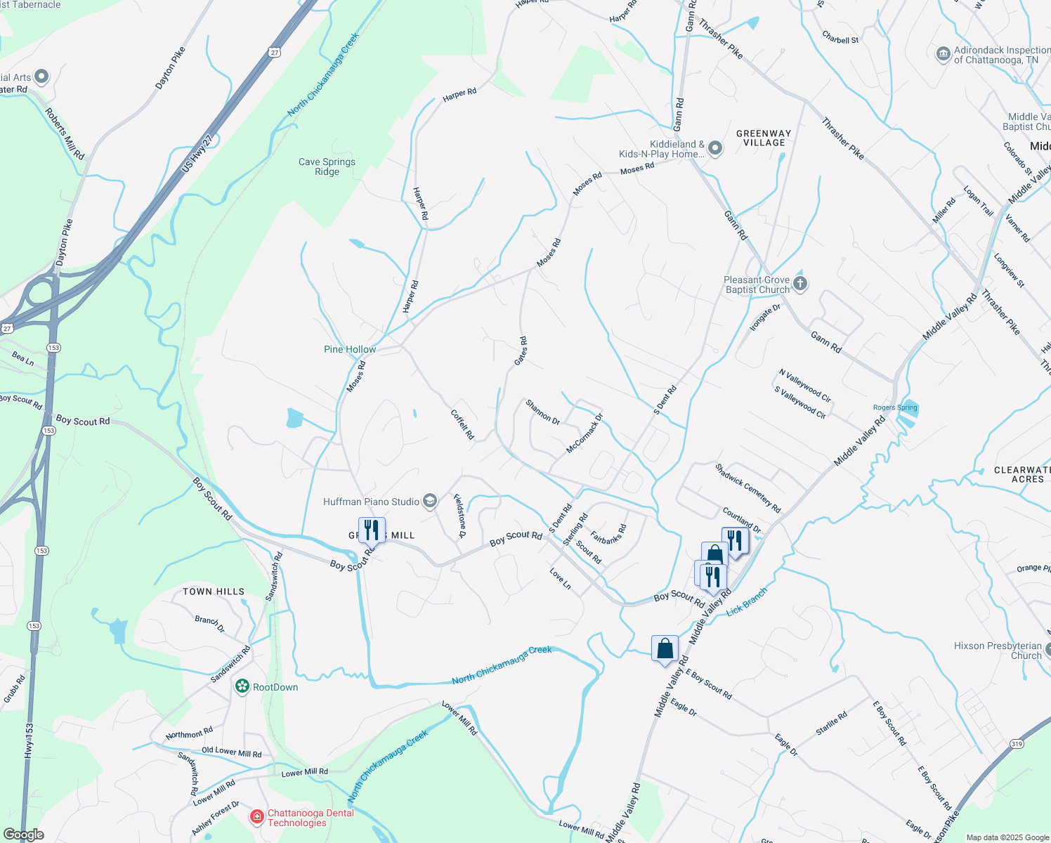 map of restaurants, bars, coffee shops, grocery stores, and more near 406 Peyton Drive in Middle Valley