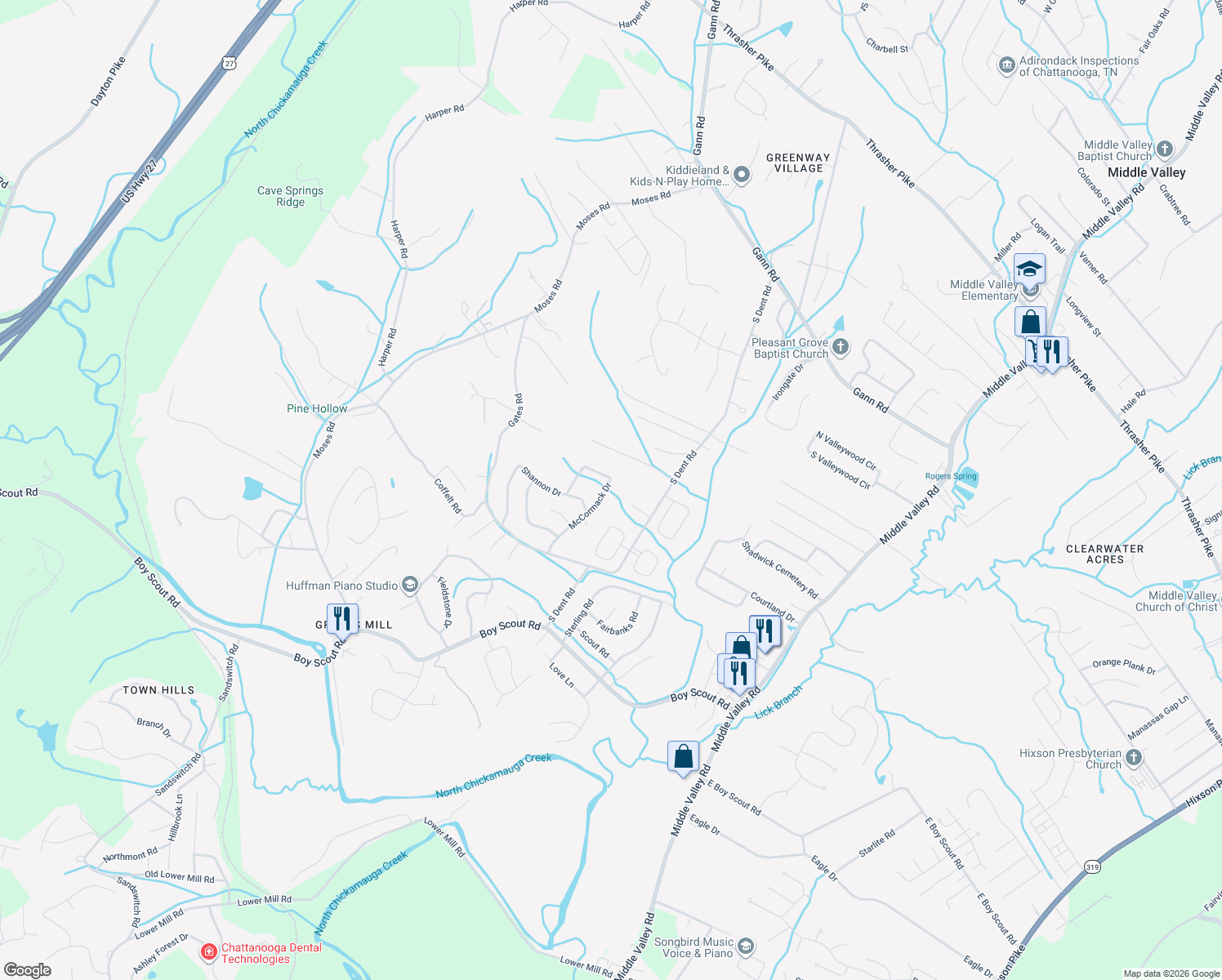 map of restaurants, bars, coffee shops, grocery stores, and more near 7337 McCormack Drive in Middle Valley