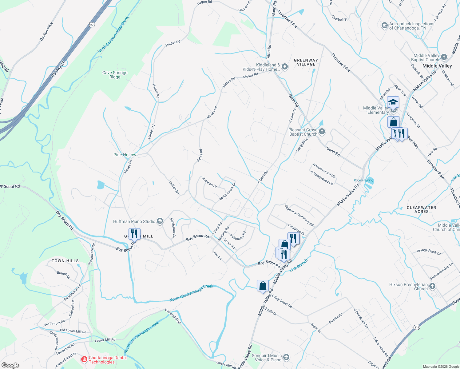 map of restaurants, bars, coffee shops, grocery stores, and more near 7337 McCormack Drive in Middle Valley