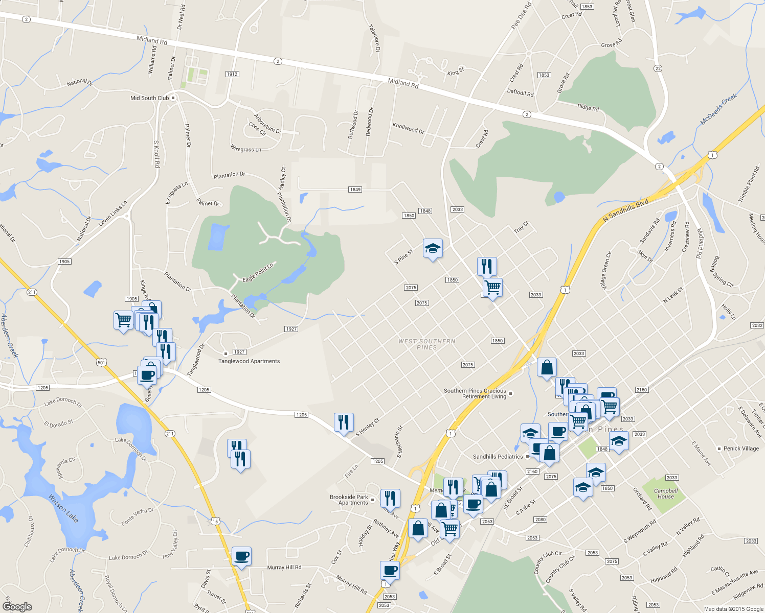 map of restaurants, bars, coffee shops, grocery stores, and more near 1275 West Wisconsin Avenue in Southern Pines