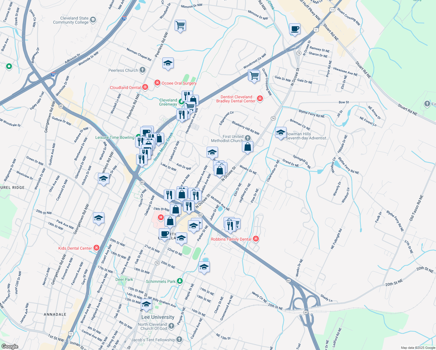 map of restaurants, bars, coffee shops, grocery stores, and more near 96 Mikel Street Northwest in Cleveland