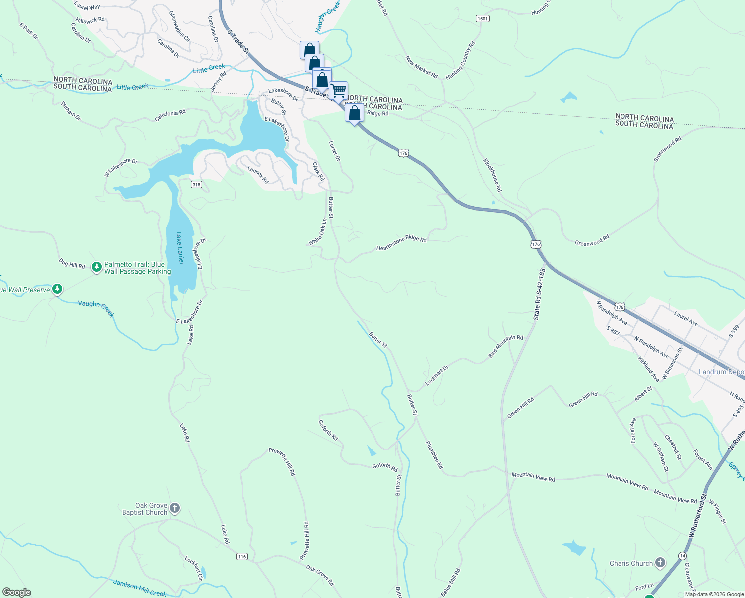 map of restaurants, bars, coffee shops, grocery stores, and more near 200 Bird Mountain Ridge Road in Landrum