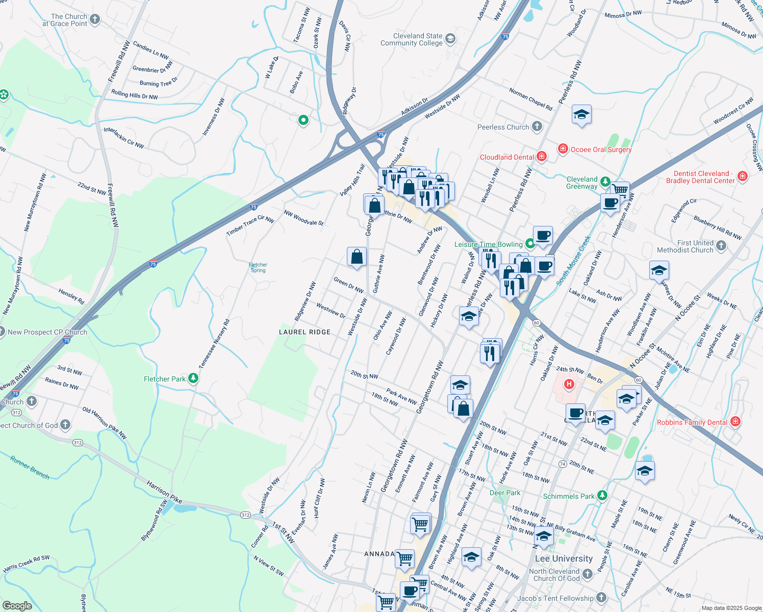 map of restaurants, bars, coffee shops, grocery stores, and more near 2305 Georgetown Rd NW in Cleveland