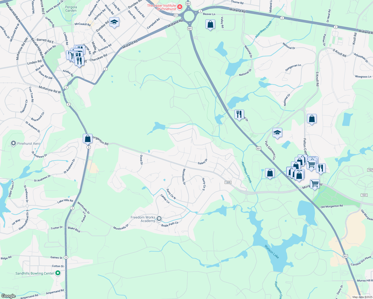 map of restaurants, bars, coffee shops, grocery stores, and more near 2 Revere Court in Pinehurst