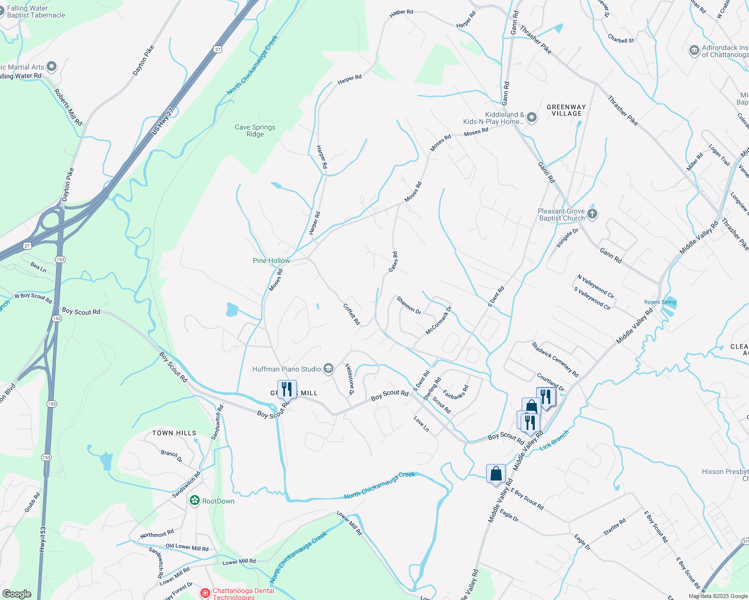 map of restaurants, bars, coffee shops, grocery stores, and more near 351 Leming Lane in Middle Valley