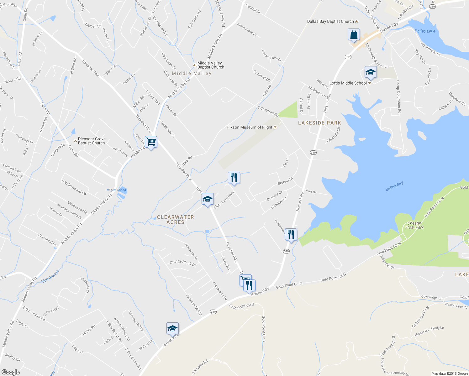 map of restaurants, bars, coffee shops, grocery stores, and more near 2107 Turnberry Circle in Middle Valley