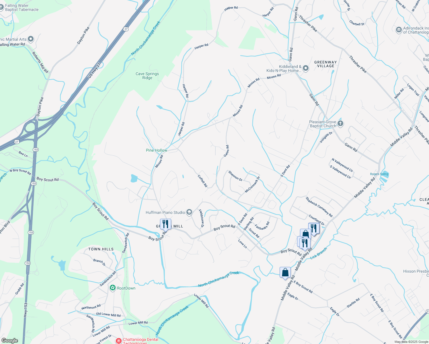 map of restaurants, bars, coffee shops, grocery stores, and more near 351 Leming Lane in Middle Valley