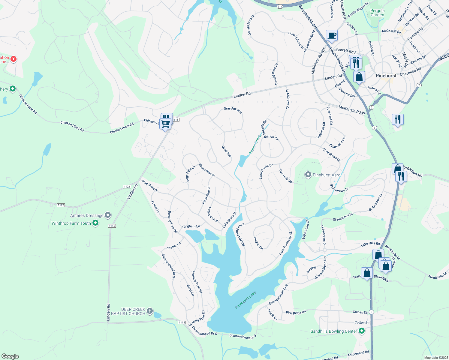 map of restaurants, bars, coffee shops, grocery stores, and more near 110 Sugar Pine Drive in Pinehurst