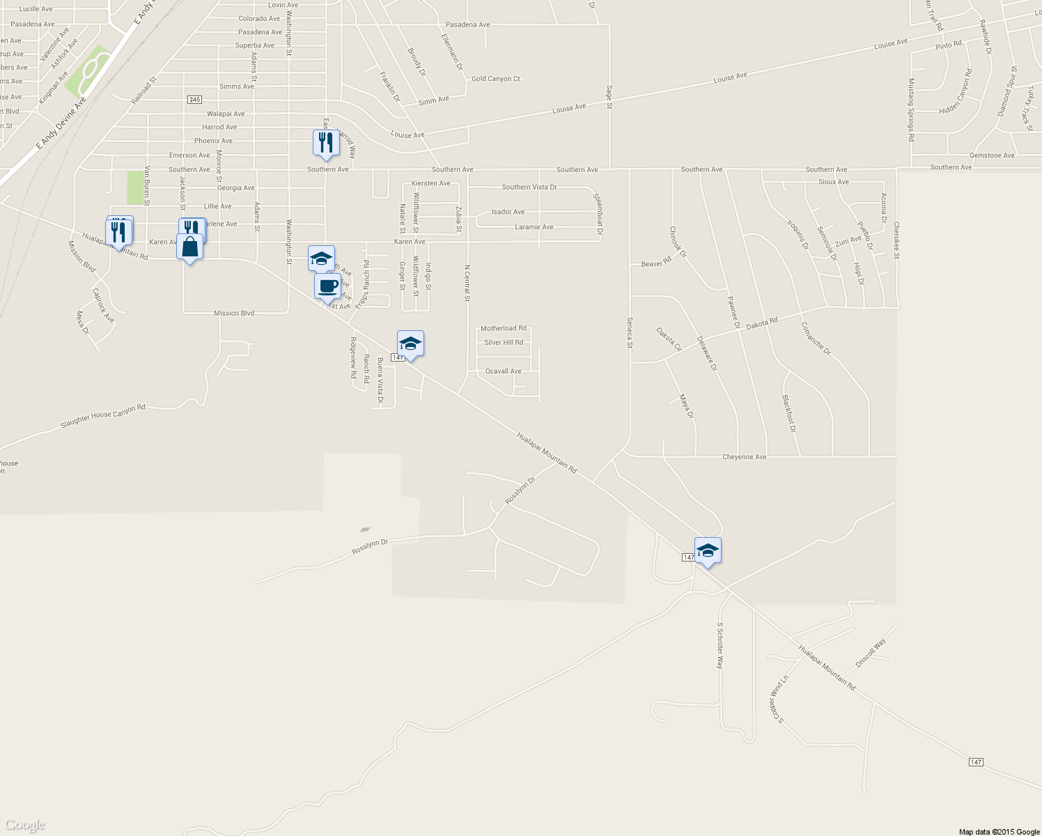 map of restaurants, bars, coffee shops, grocery stores, and more near 3375 Hualapai Mountain Road in Kingman