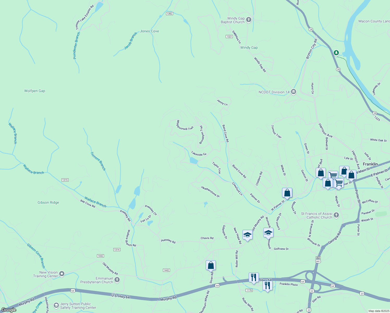 map of restaurants, bars, coffee shops, grocery stores, and more near 170 Lakeside Circle in Franklin
